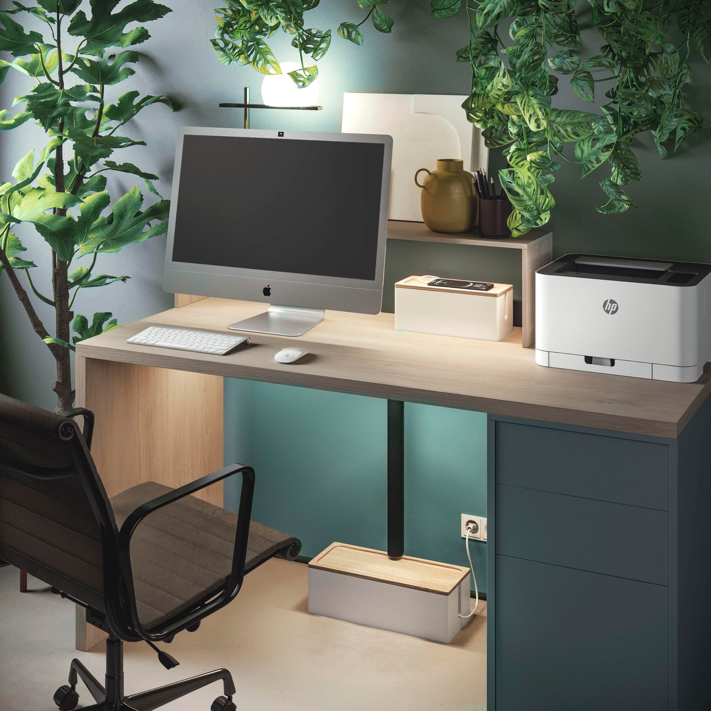 Nature Supplies Set with 2 pine wood cable boxes - 1 small cable box for desk organization, 1 large box for floor cable organization (White)