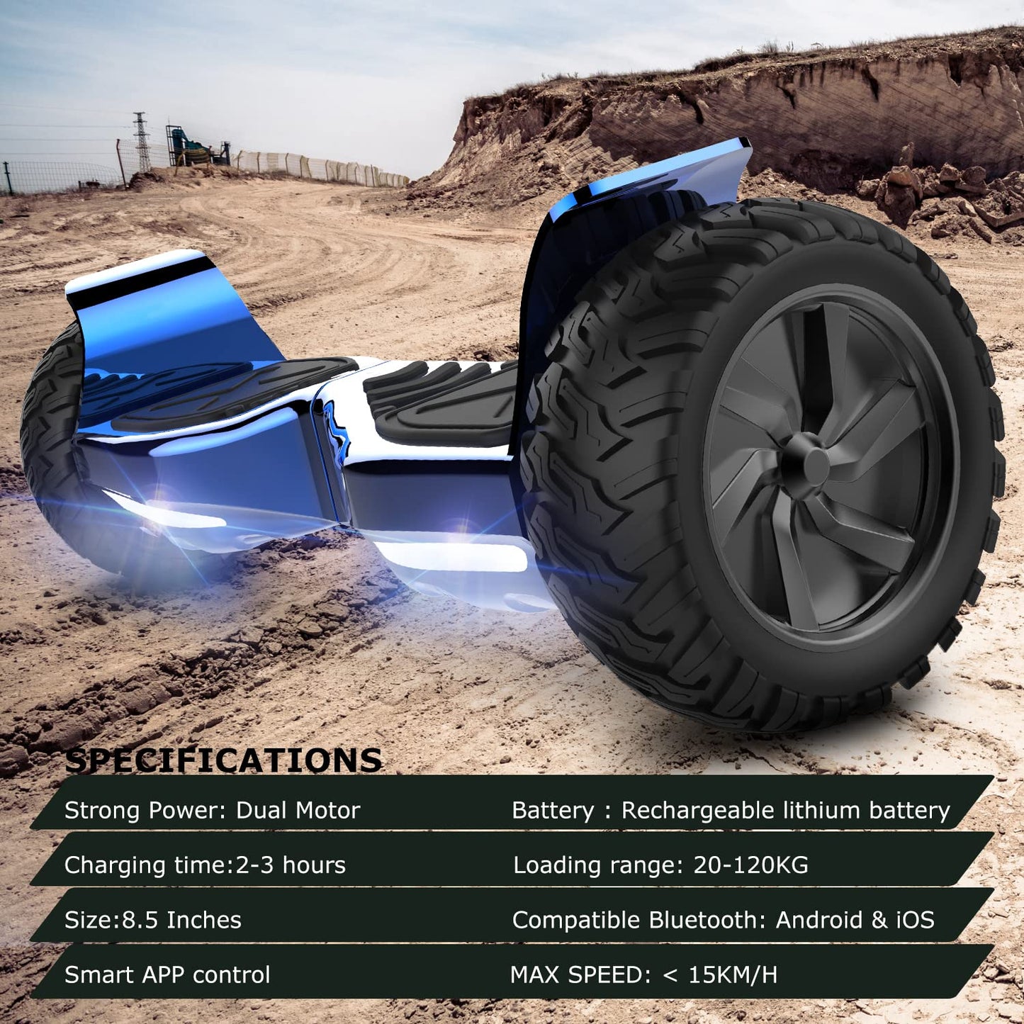 GeekMe off-road 8.5 inch SUV hoverboards with APP, Bluetooth speaker, dual motor, LED lights, all terrain hoverboards for kids and adults.