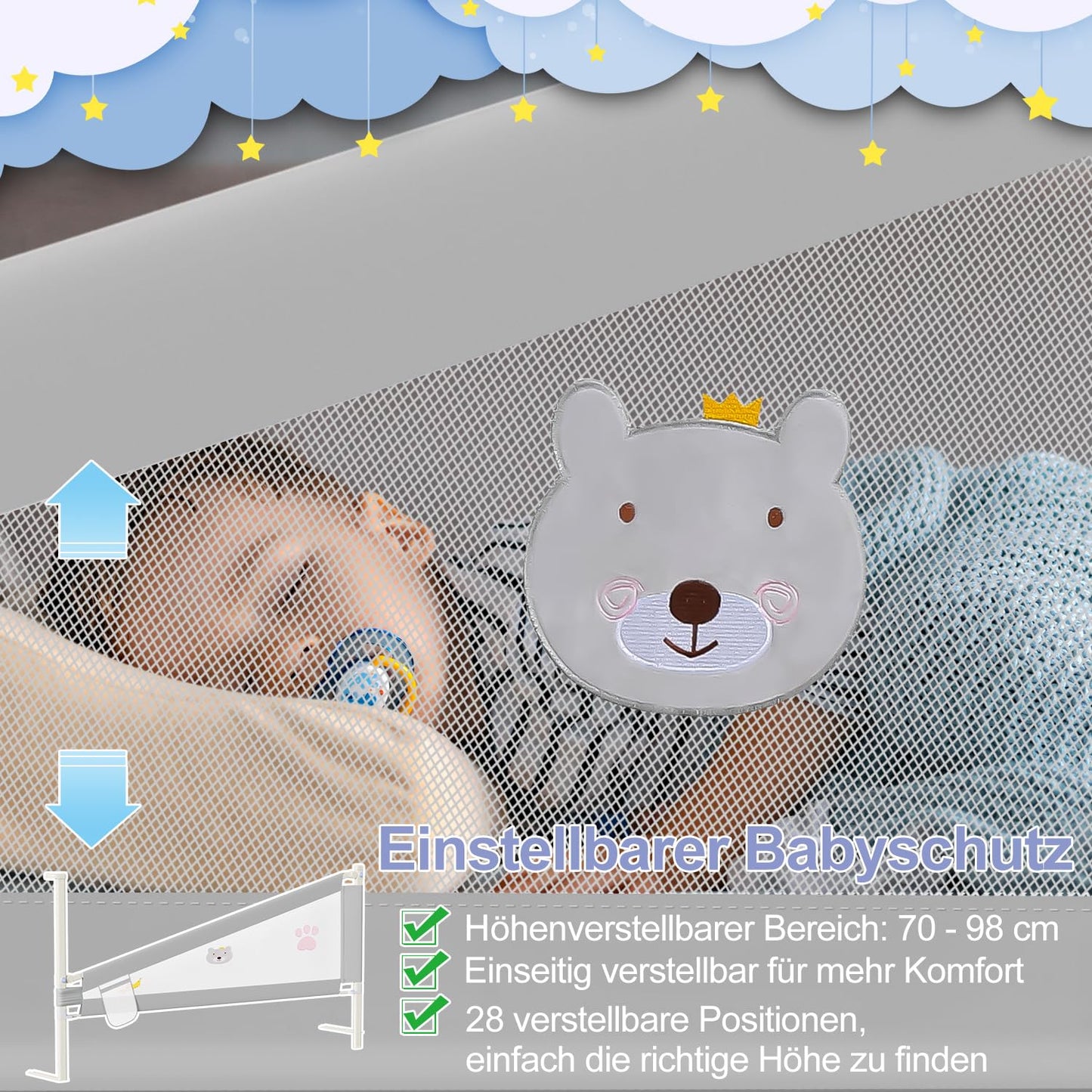Jopassy bed rail 200cm, height adjustable 70-98 cm, toddler bed guardrail, safety rail with pattern, stable construction, bed rail with mesh, gray