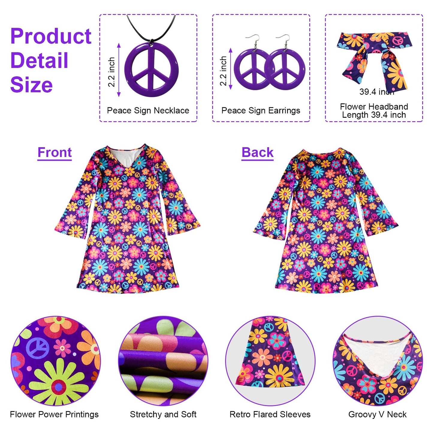 MRYUWB Women's Hippie Dress, 1970s Costume, with Necklace, Earrings, Sunglasses, Disco Outfit, 1960s Party Costume, Halloween Retro Dress, Purple, XXL.