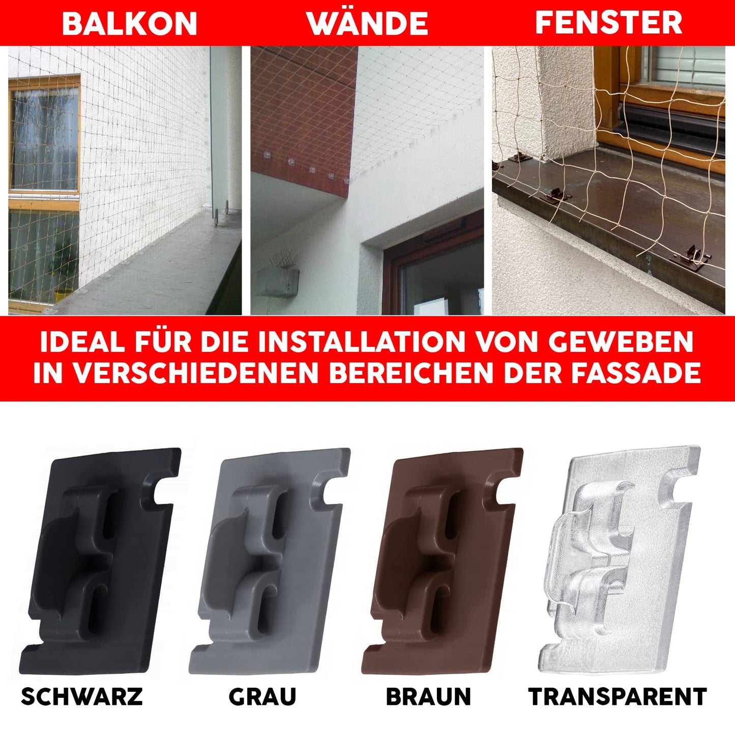 70 adhesive hooks with 60ml mounting adhesive, extra strong, for balcony cat net - no drilling, black, weatherproof, easy and quick installation