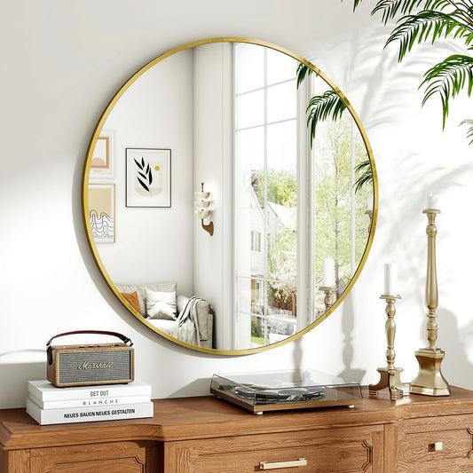 Koonmi 80cm Gold Round Mirror with Aluminum Alloy Frame for Bathroom, Vanity, Living Room, Bedroom, Entryway Wall Decor