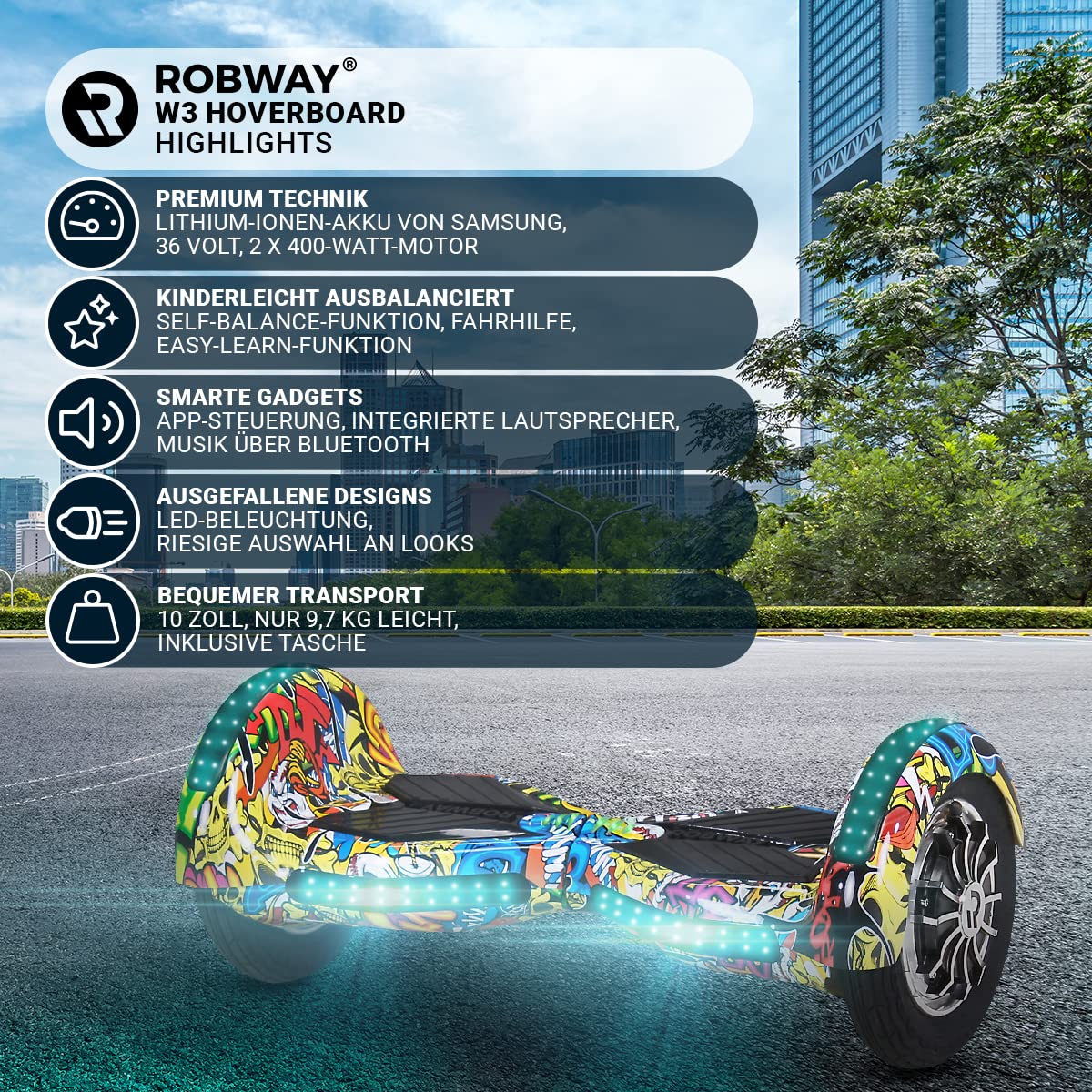 Robway W3 Hoverboard | ORIGINAL ® Hoverboards for kids, teenagers & adults - APP control - 2 x 400 Watt motors - Self-balance - Bluetooth (Dark Blue)