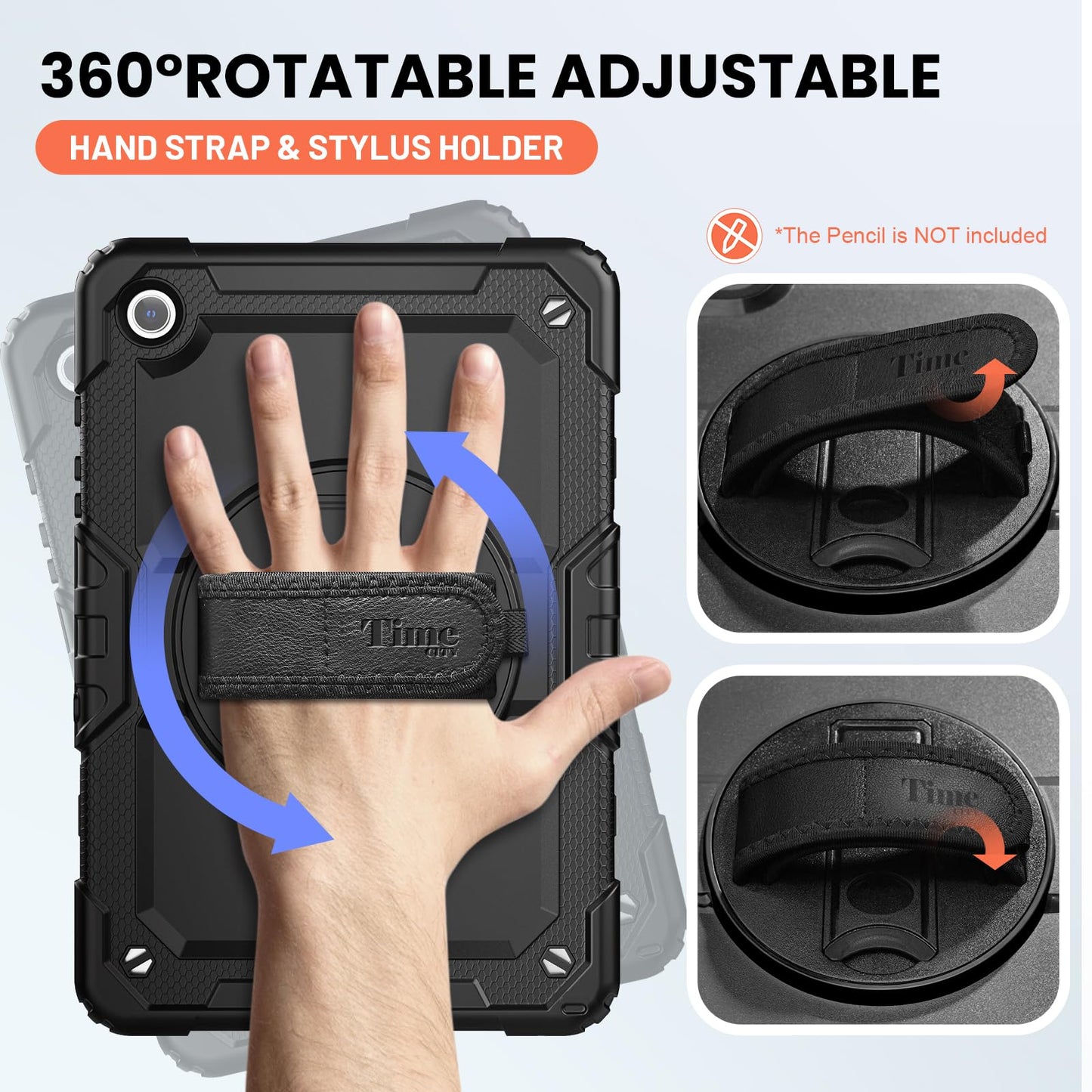 timecity case for Samsung Galaxy Tab A9+ / A9 Plus 11 inch 2023, Shockproof Robust Galaxy Tab A9 Plus case with screen protector, 360° Rotatable Stand, Hand Strap, Shoulder Strap, Pencil Holder, Black