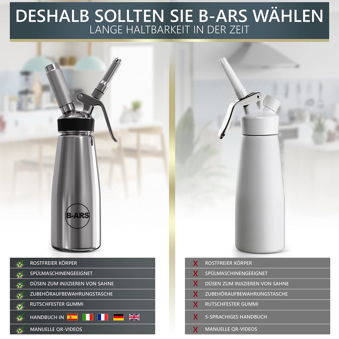 B-ARS cream dispenser stainless steel 0.5L for whipped cream espumas with accessories decoration nozzles injection needles cleaning brush storage bag recipe ebook cream spray bottle.