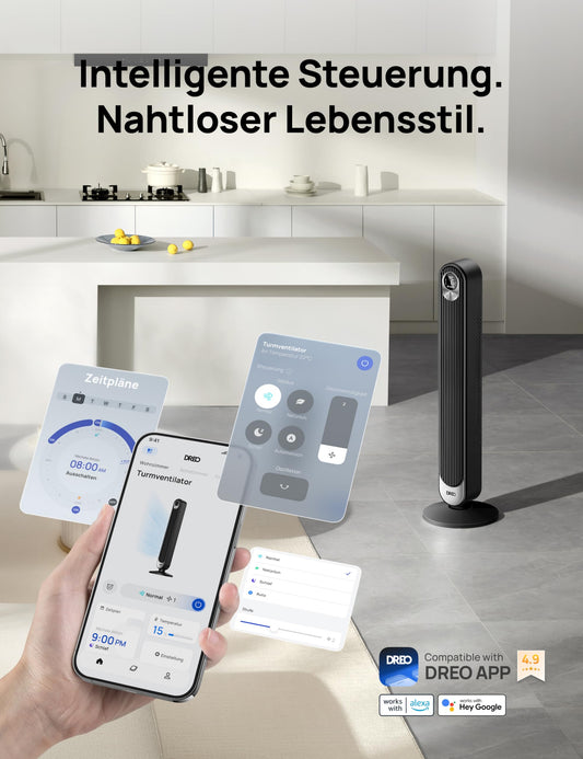 Dreo Smart 20dB Tower Fan Quiet, 9M Wind Distance Fan with Remote Control, 6 Speeds 4 Modes, 90° Oscillating Pedestal Fan with Voice Control for Bedroom, 12H Timer