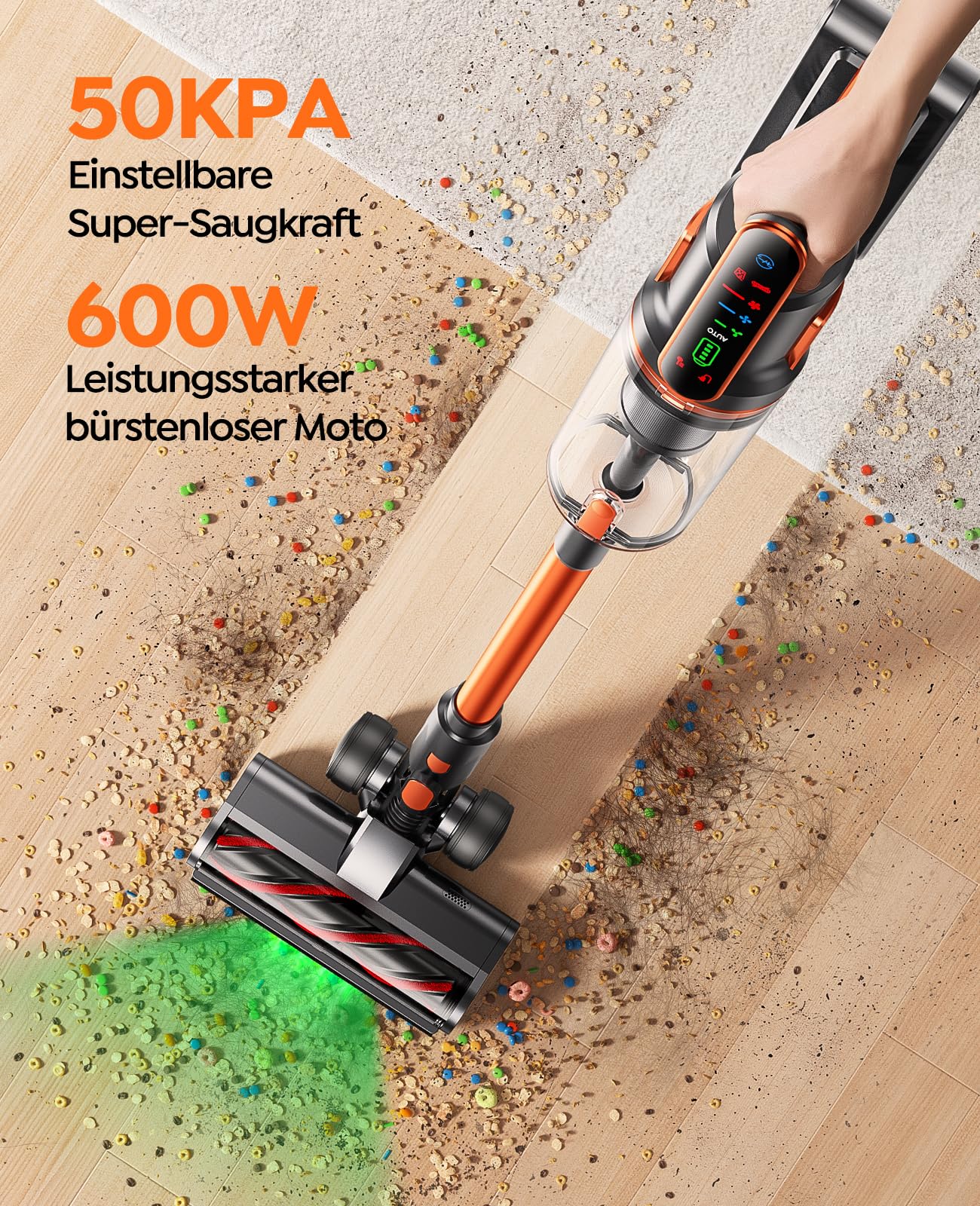 Fieety Cordless Vacuum Cleaner, 45KPa/550W/60Min with Wall-Mounted Charging Station, Aromatherapy, Auto Mode, Touchscreen, 1M Extendable Hose for Hard Floors Carpets Pet Hair Car