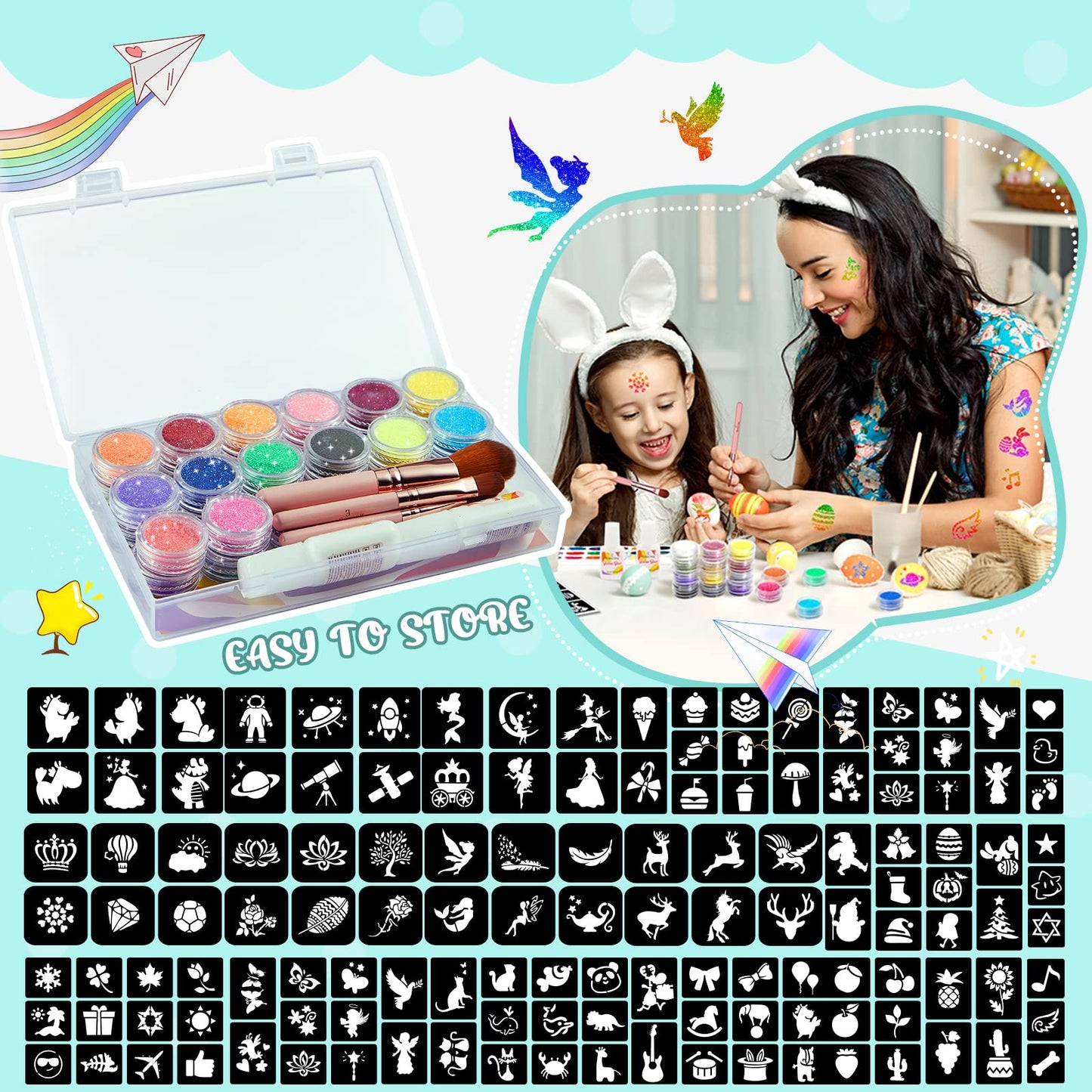 Glitter Tattoo Set for Girls, Eleanore's Diary 31 Biodegradable Glitter, Temporary Tattoo Kit, Kids Glitter Tattoos Set, 165 Stencils, 4 Brushes, 2 Glues, Gift for Girls 3+