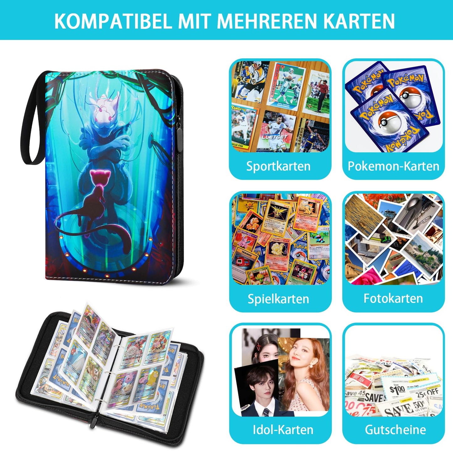 Collectible card album, Pokemon card collection album, 400 pockets 50 pages 4 pockets, collectible card binder with PU surface, waterproof card holder, card folder book.