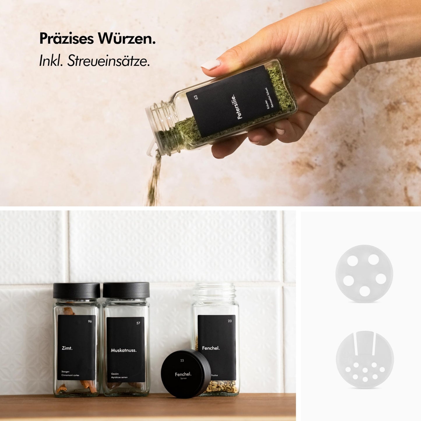 KIVY spice rack with jars | includes 24 spice jars with labels - adjustable & fits all drawers - spice organizer drawer - spice rack drawer - spice jars with shelf