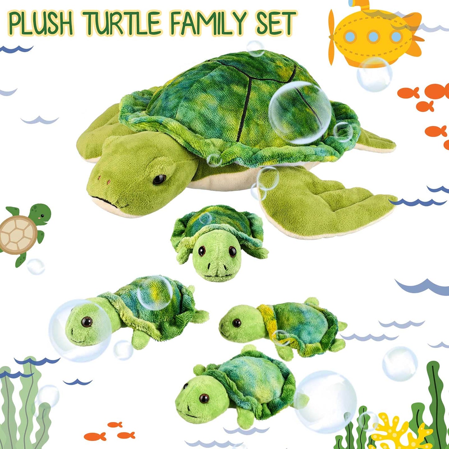 Aoriher Stuffed Animal Turtle 12-inch with 4 Pieces Small Plush Soft Sea Animal Mini Toys Decorative Pillows for Birthday Decoration
