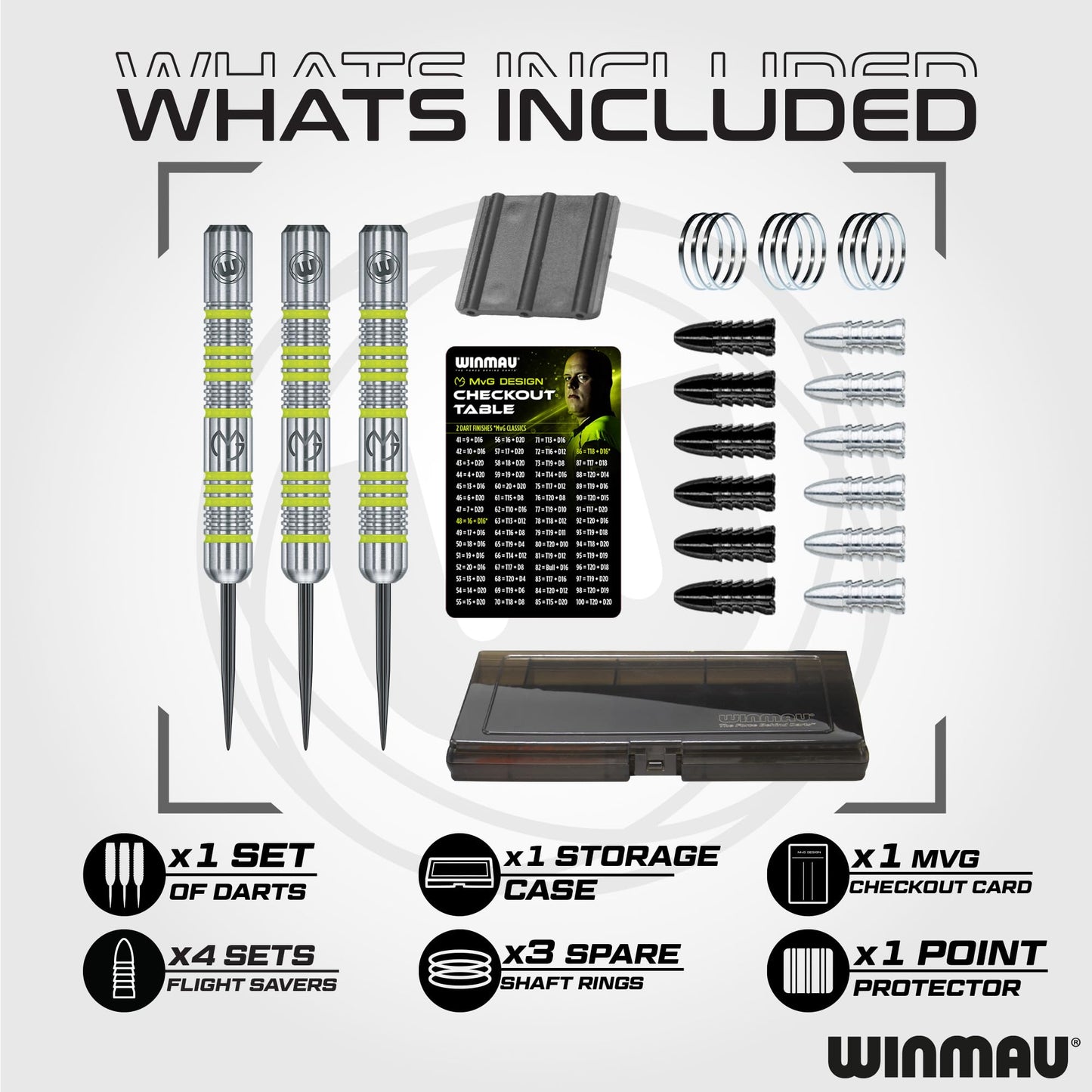 WINMAU - Professional Player - Michael Van Gerwen MvG Gift Set - 20g Steel Tip Darts - 50 Piece Pro Darts Set - Includes 4 x Stems, 4 x Flights, and accessories