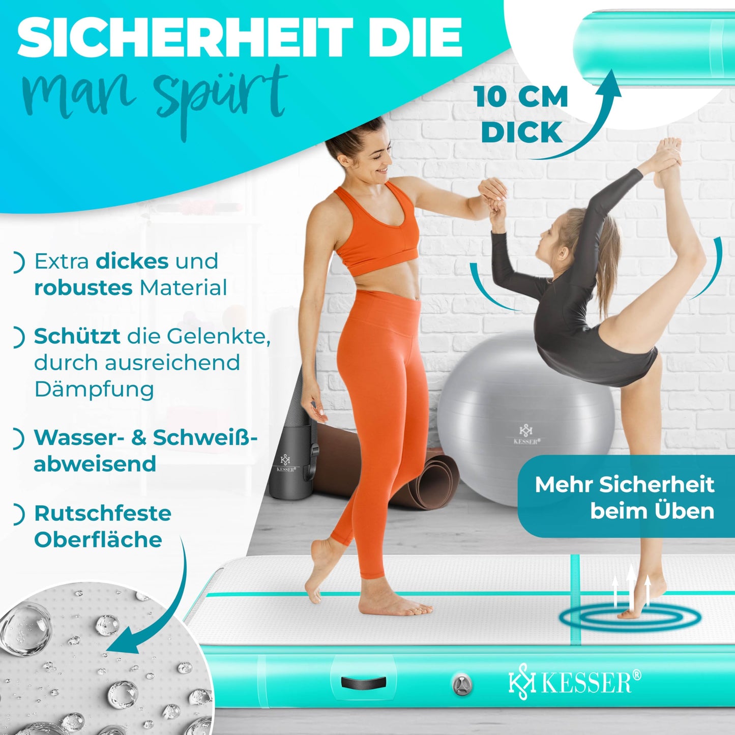 KESSER® Inflatable Airtrack Fitness Mat Gymnastics Mat | incl. carrying bag & electric air pump | Yoga Mat, Tumbling Mats, Training Mat (Mint Green, 400 x 100 x 10 cm)