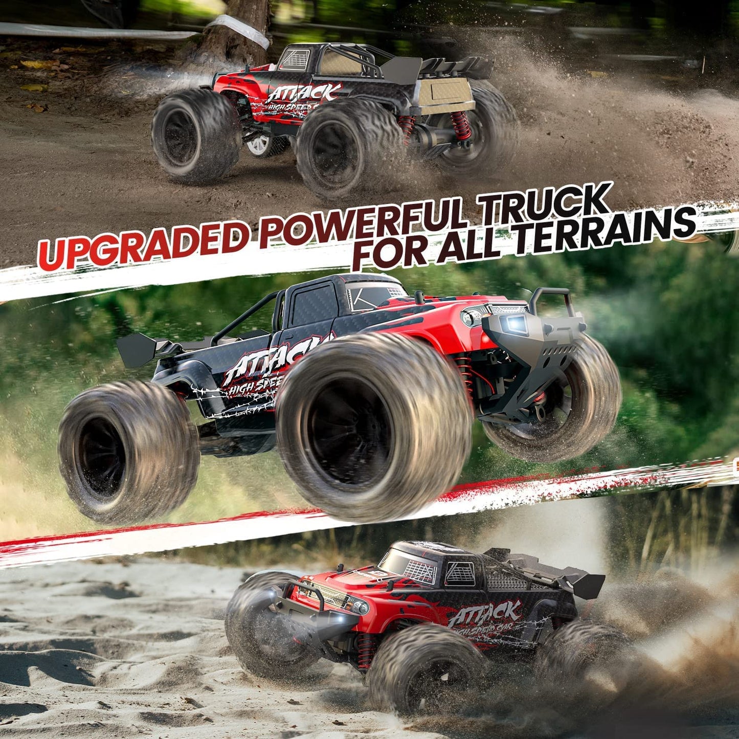 DEERC Remote Control Car, 1:16 Scale RC Car for Adults, 40 KM/H, 4WD All Terrain Off-Road 2.4Ghz RC Crawler with LED Light, 2 Batteries, Toy Gift for Kids