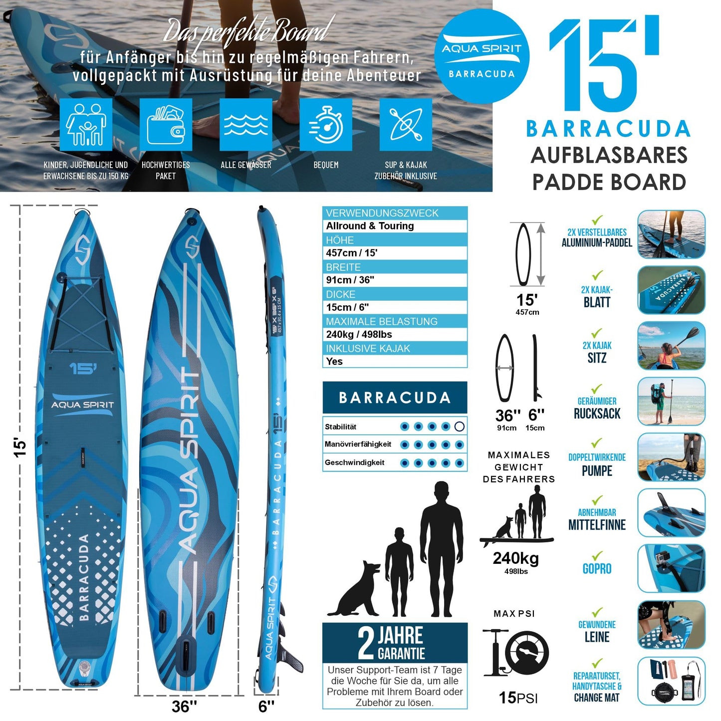 Aqua Spirit Inflatable Stand Up Paddle Board SUP Barracuda Kayak Package | 457 x 91 x 15cm | Adult Beginner/Expert | 150kg Limit | Seat, Paddle & Kayak Blade, Pump, Go Pro Mount, Bag
