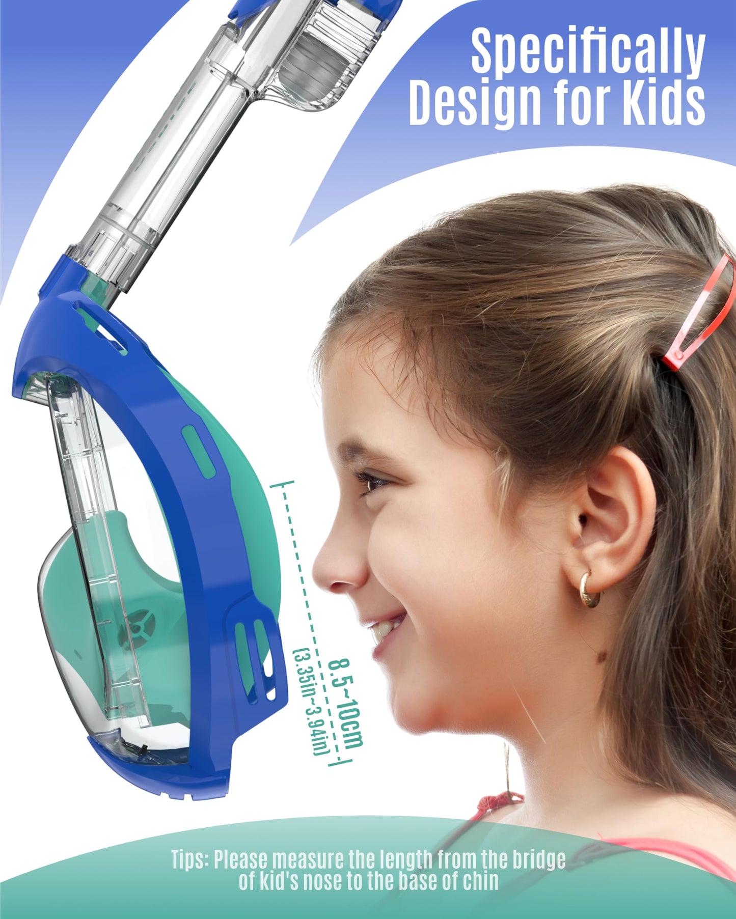 G2RISE® Kids Snorkel Mask, full face diving mask, CO2-safe, anti-fog and dry top snorkel full mask (Blue Green)