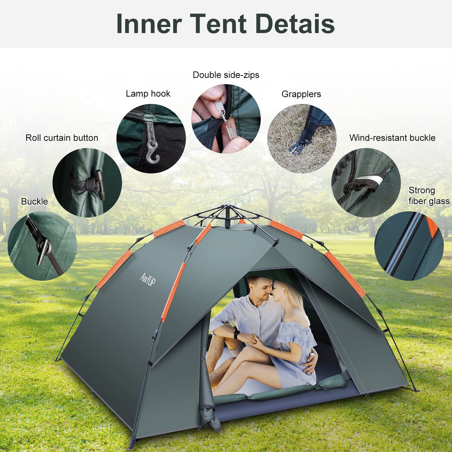 Amflip Camping Tent Automatic 2 Person Instant Tent Pop Up Dome Tent 4 Season Waterproof & Windproof Camping Tent with Detachable Outer Tent for Family Camping