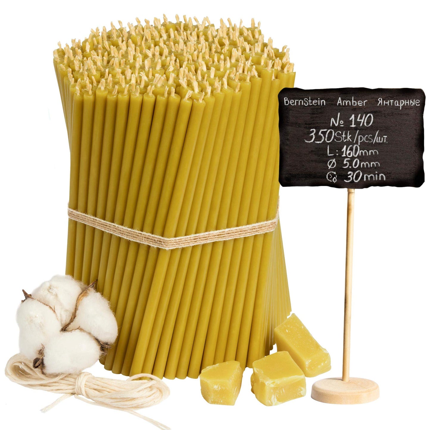 Diveevo Church Beeswax Candles №140 - Amber 350 pcs. I high-quality ritual candles L-16 cm Ø-5.0 mm I 30 min burning time in honey yellow I 1 kg thin candles drip- and smoke-free.