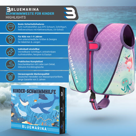 Bluemarina Children's Life Jacket | Various sizes from toddler to baby - Swim learning aid - Swim aid - Swim wings - Swim ring - Swim vest for children aged 1-9 years (Mermaid, S)