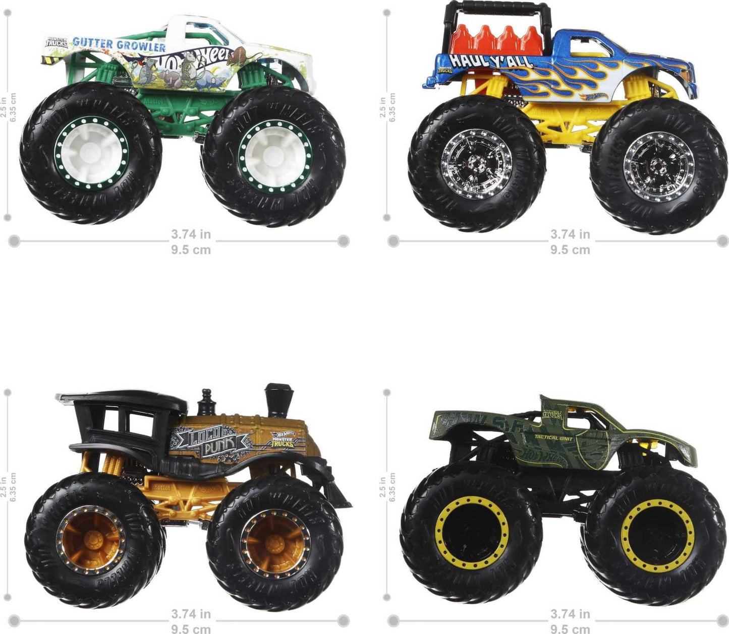 Hot Wheels GBP23 - Monster Trucks 1:64 Die Cast Assortment with huge wheels, gift for kids aged 3-6, includes 4 toy cars, Black, 4-pack