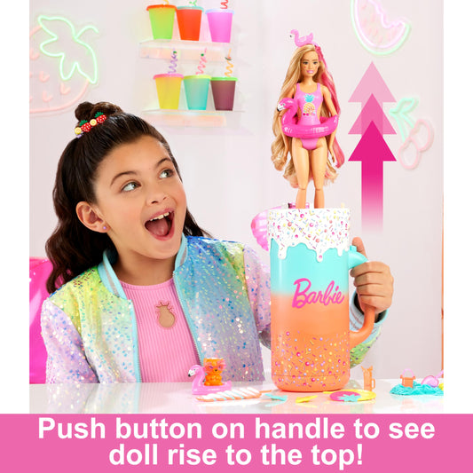 BARBIE Pop Reveal Rise & Surprise Gift Set - includes over 15 surprises, 1 Barbie doll, beach accessories, for fruity-fun playtime, for kids ages 3+, HRK57