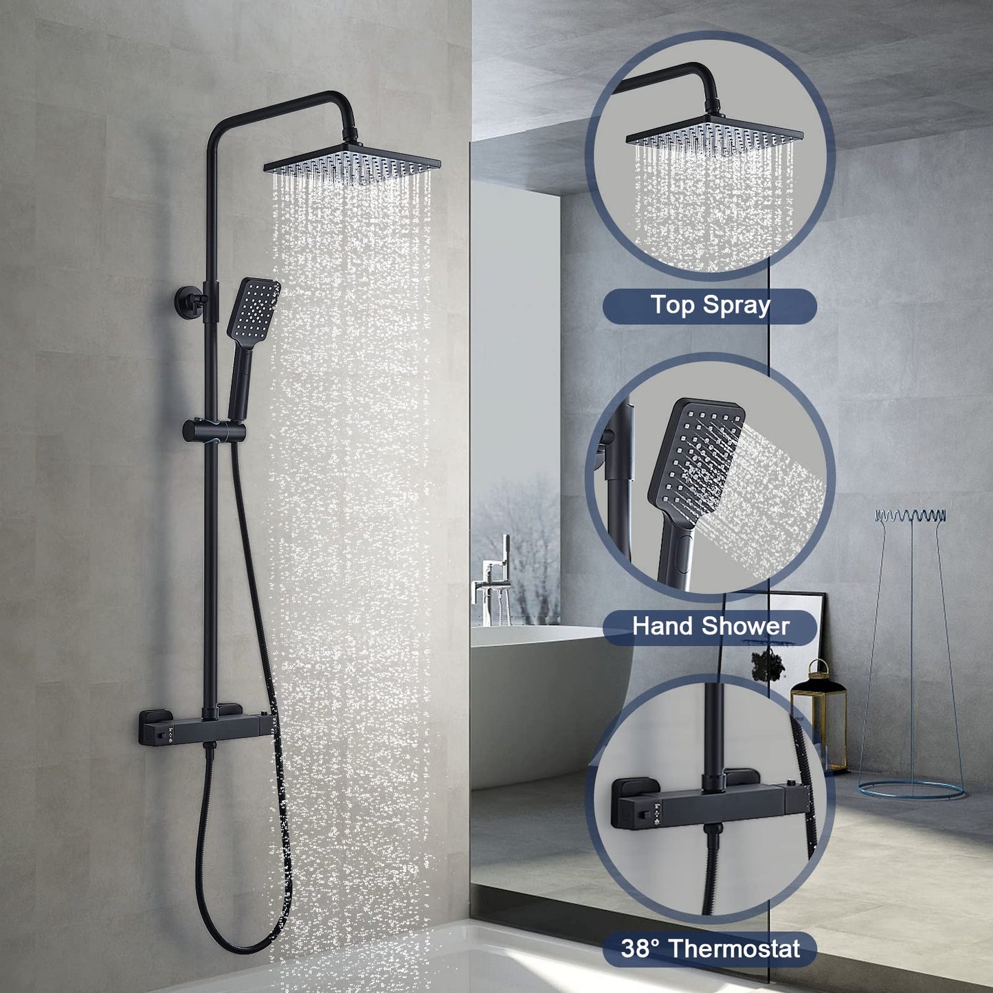 Solepearl Black Shower System with Thermostat 38℃, Rain Shower with Thermostat Shower Mixer, Shower Set including 21 cm Head Shower, 3 Functions Hand Shower, Stainless Steel Adjustable Shower Bar