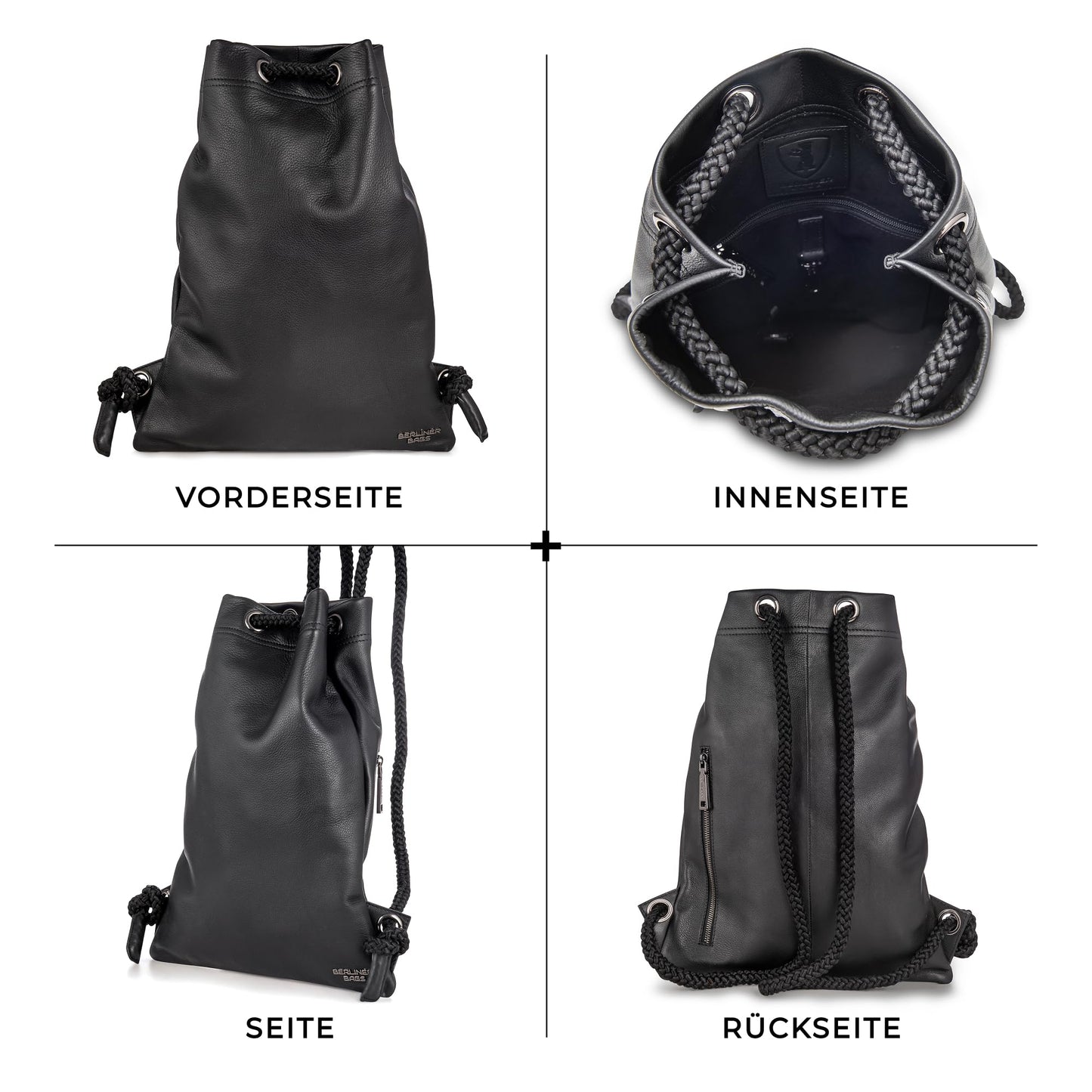 Berlin Bags Premium gym bag made of leather, sports backpack with drawstring for women and men - Black