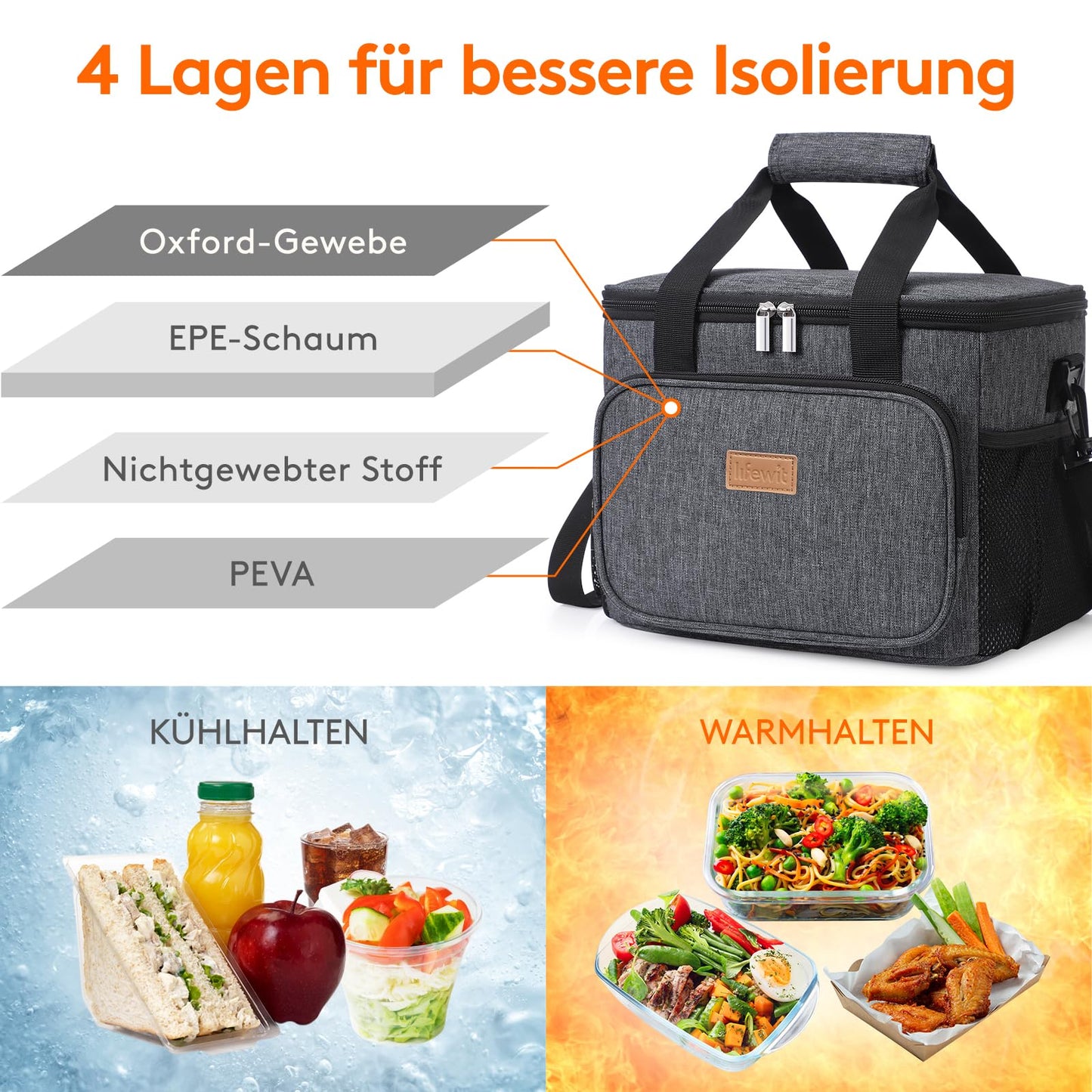 Lifewit 15L cooler bag for small outings. Insulated lunch bag, foldable for men and women. Waterproof, shoulder strap for food, beer, medicine, work, beach, travel. Dark gray.