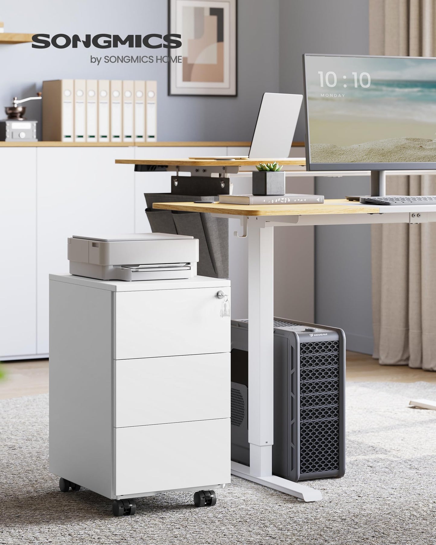 SONGMICS Drawer Cabinet, Rolling File Cabinet, Mobile Filing Cabinet, Metal Cabinet, Printer Stand, Lockable, 3 Drawers, Pre-Assembled, Office, Home Office, 40 x 30 x 54 cm, Matte White OFC079W01
