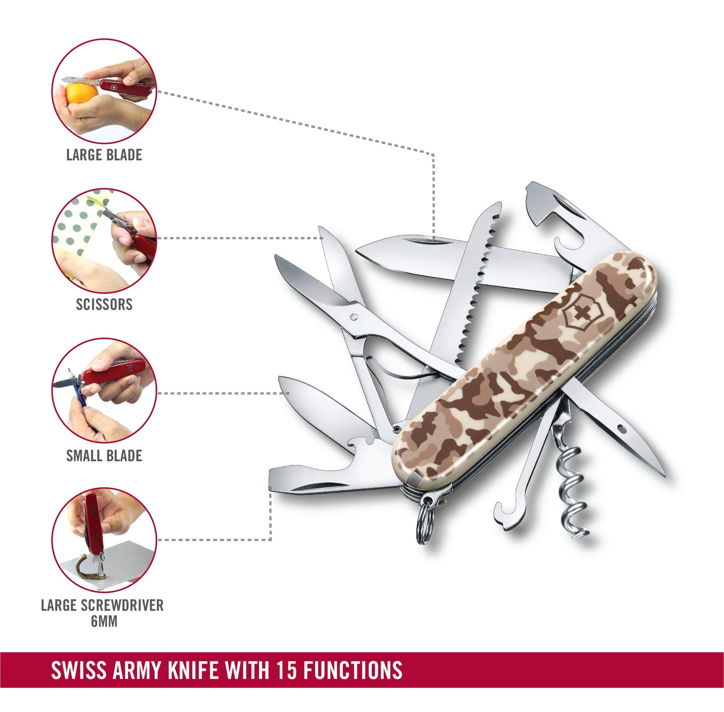 Victorinox Swiss Army Knife Huntsman, multitool with 15 functions, blade, corkscrew, can opener, foldable box, Desert Camouflage.