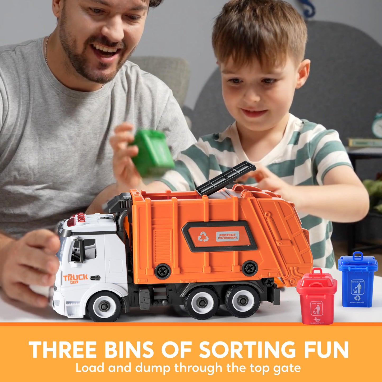 JOYIN Garbage Truck Toy for 3 4 5 6 Year Old Kids Boys and Girls, Trash Truck Toy, Garbage Truck Kids with Trash Bin, Light and Sounds, Screwdriver Toy, for DIY Assembly (orange)