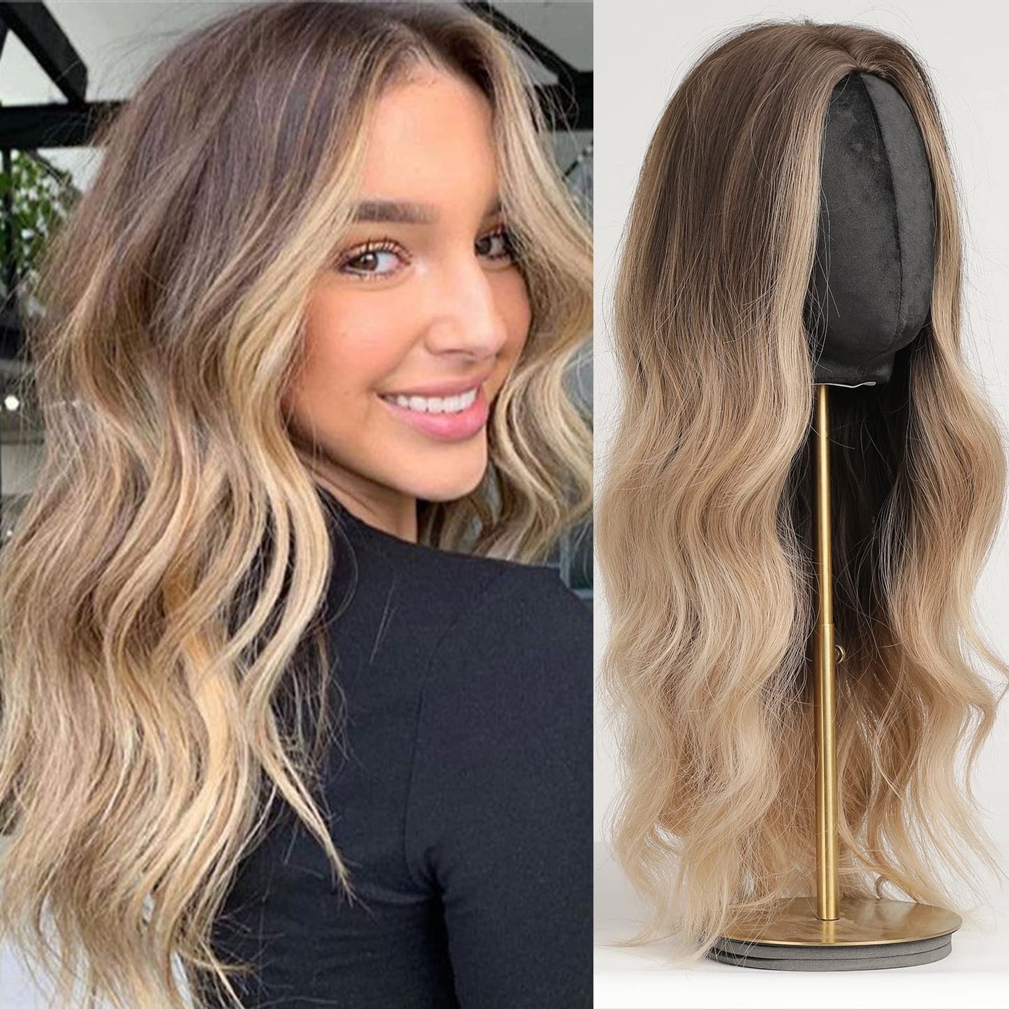 Haircube long wigs for women, center parting, dark roots.