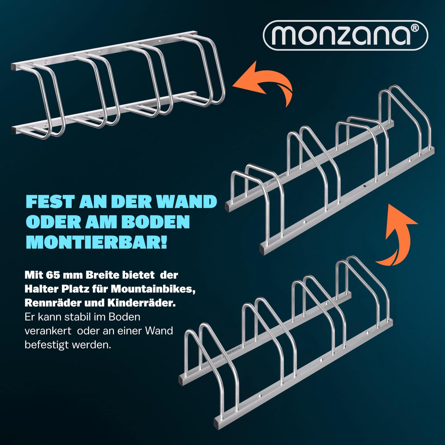 MONZANA® Bike Stand for 4 bikes 37cm wheel distance 30-65mm tire width stainless steel self-locking screws floor or wall mounting multiple stand bike holder bike stand