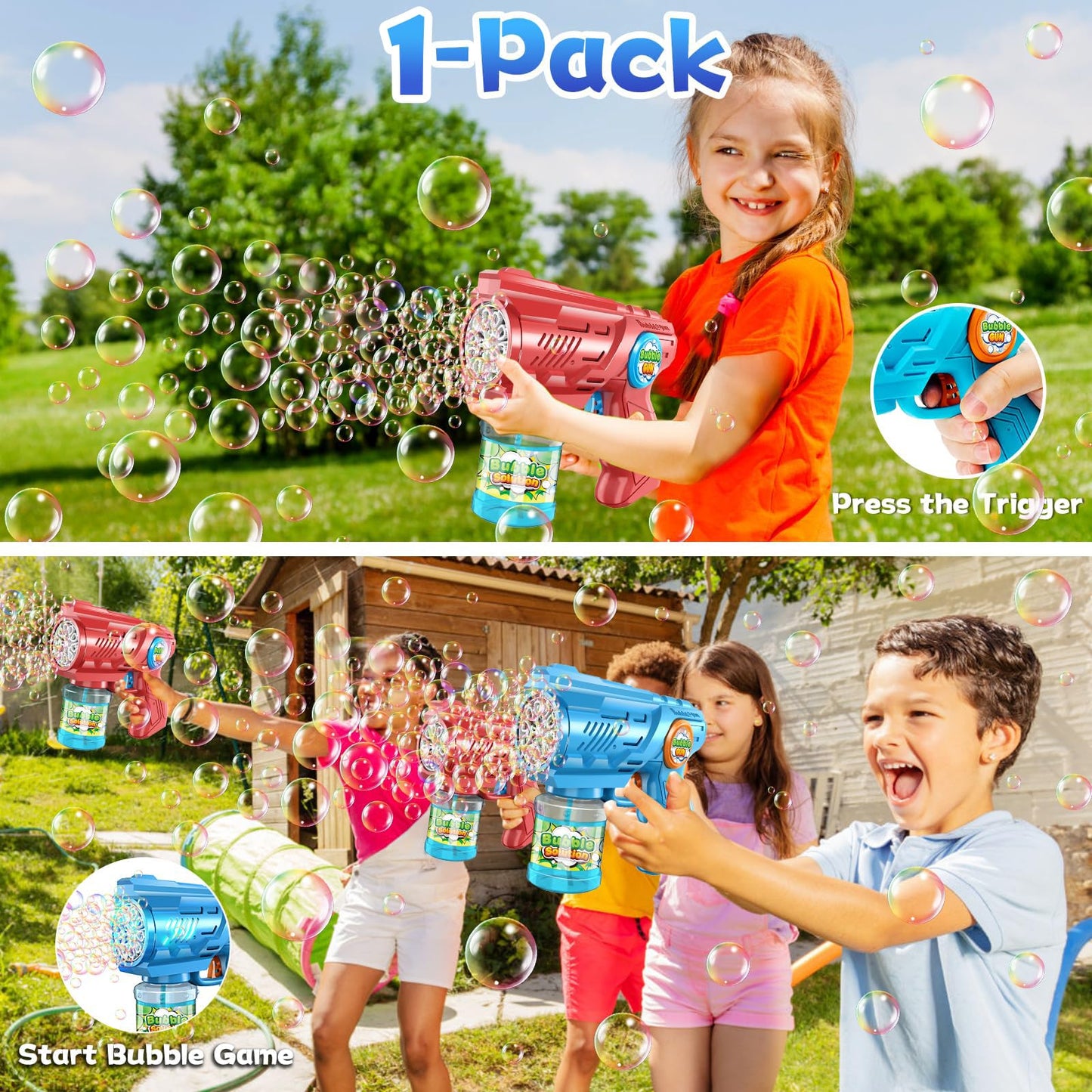 ROMINVIC Bubble Machine, Kids Bubble Gun Machine: LED Electric Bubble Blower With 100 ML Tank Blue Automatic Bubble Maker For Kids Shooter Party Toy