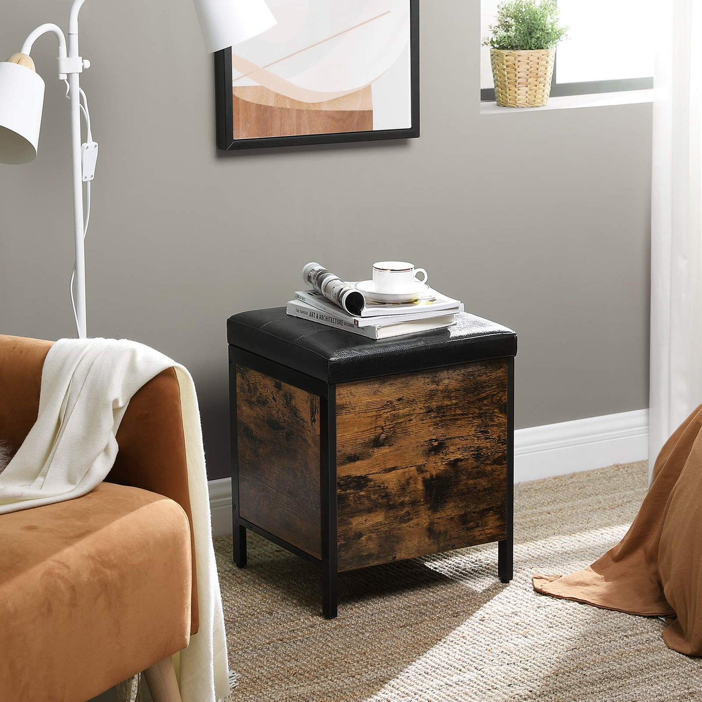 VASAGLE Sitzhocker, Seat Bench, Bed Trunk with Storage, Padded Chest, Hallway, Bedroom, Living Room, Metal, Easy Assembly, Faux Leather, Industrial Style, Vintage Brown-Black LSB50BX
