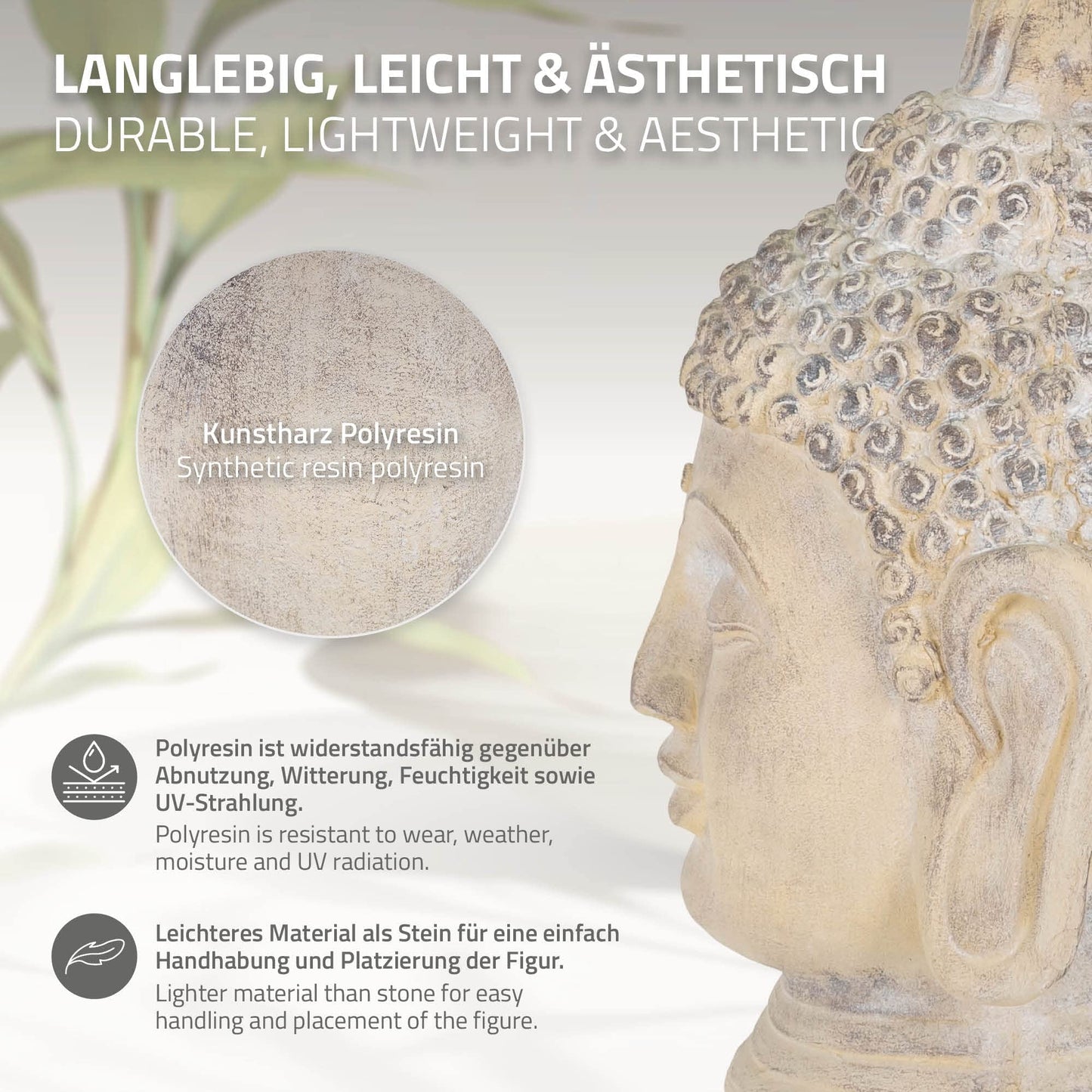 ECD Germany Buddha Figure 78 cm Beige/Grey, artificial stone polyresin, head statue sculpture decorative figure Feng Shui artificial stone decoration garden figure Asia decorative object stone figure, for home and garden