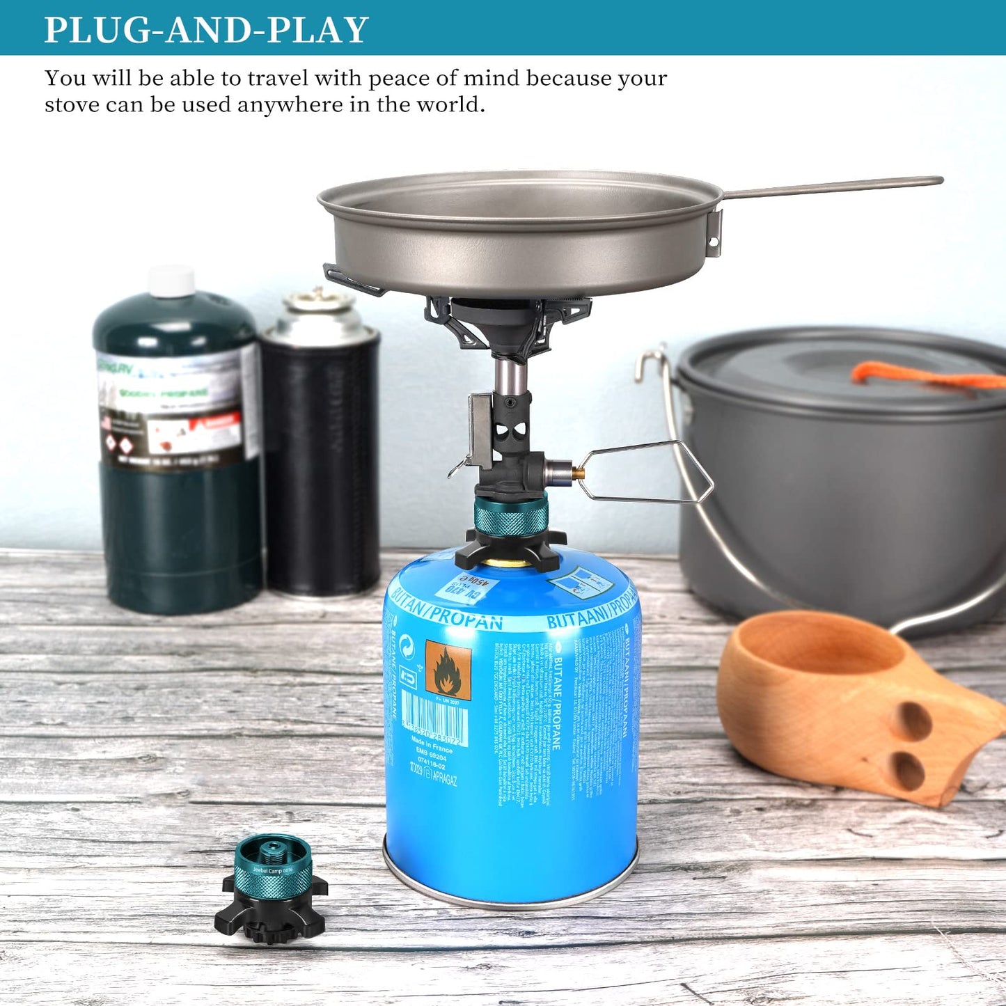 Jeebel Camp Valve Cartridge Adapter for Campingaz Easy-Click/CV gas cartridges. Transition from bayonet fitting to 7/16" screw thread connection.