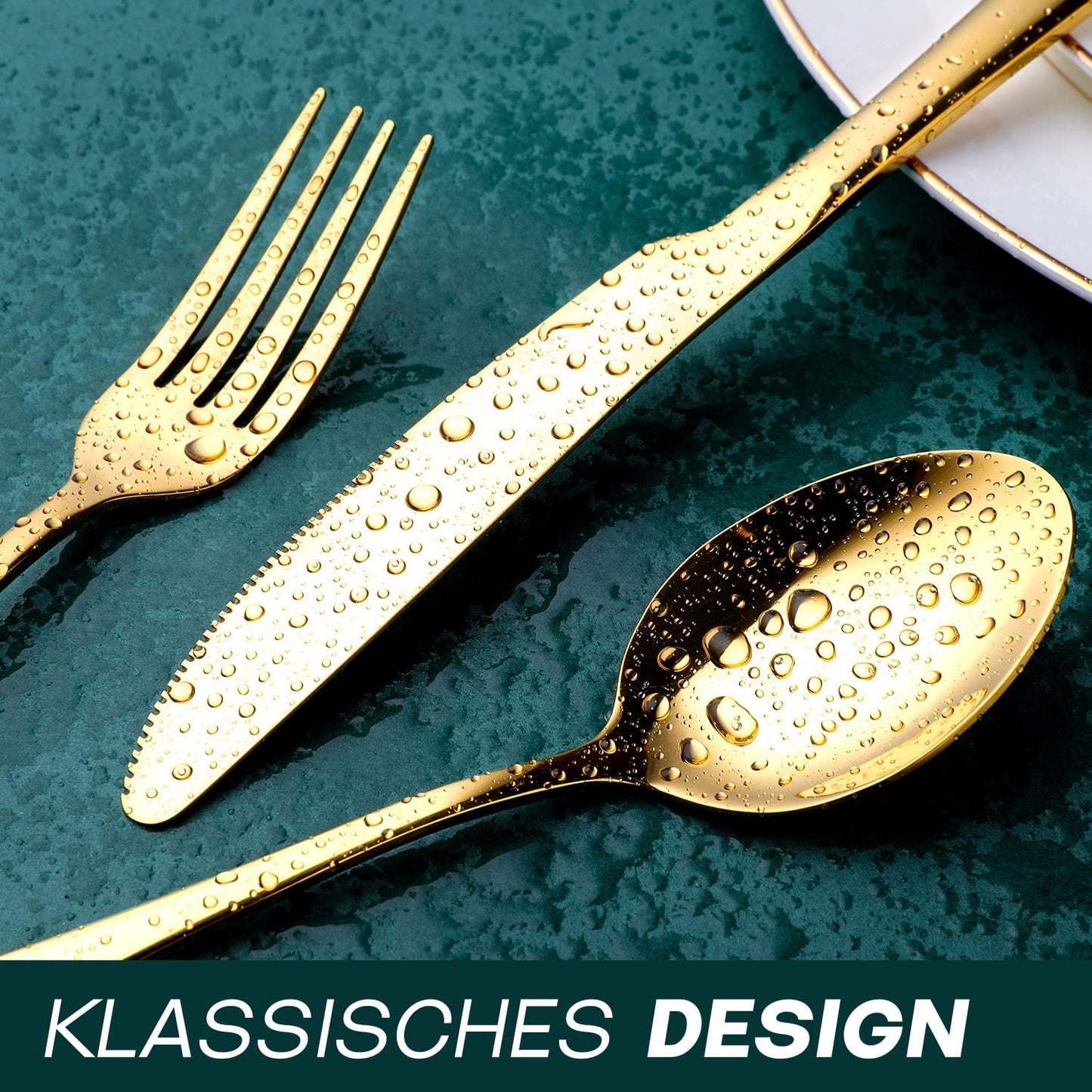 OGORI cutlery set for 6 people, 30 pieces. Mirror-polished gold cutlery set made of 18/10 stainless steel. Includes knives, forks, and spoons for home, parties, or restaurants. Comes in a gift box.