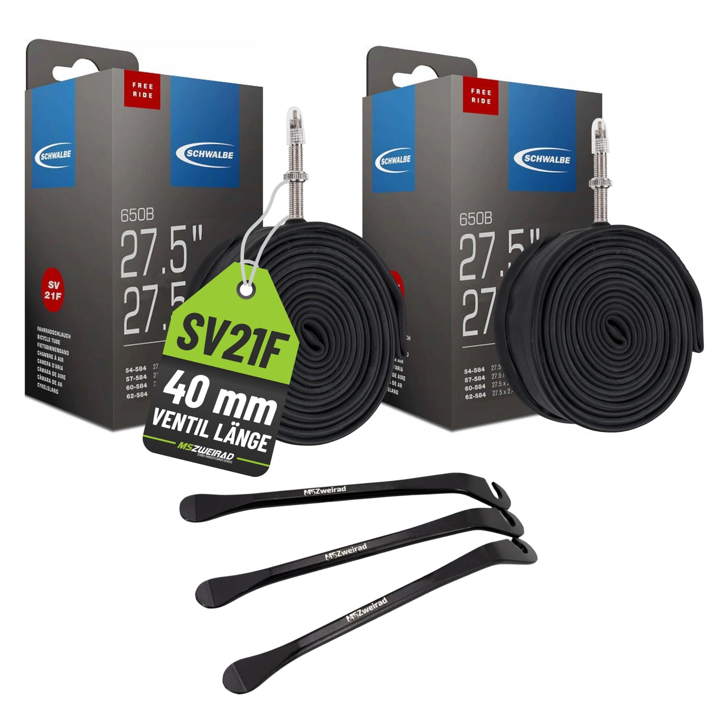 2-pack Swallow tube 21F SV 40mm Freeride 27.5 inches (54/75-584) + MSZweirad tire lever