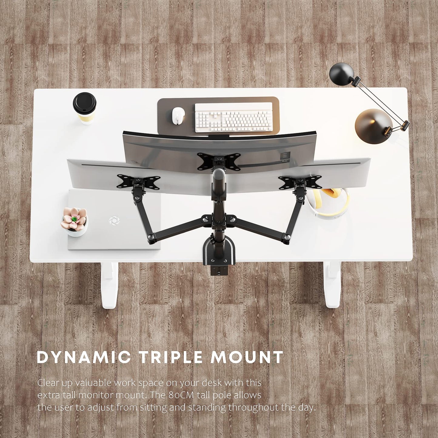 PUTORSEN Triple Monitor Mount for 13-32 inch Flat & Curved Screens, 80cm Pole Desk Mount Swivel Tilt Height Adjustable, 9kg per Arm, VESA 75x75/100x100, Black