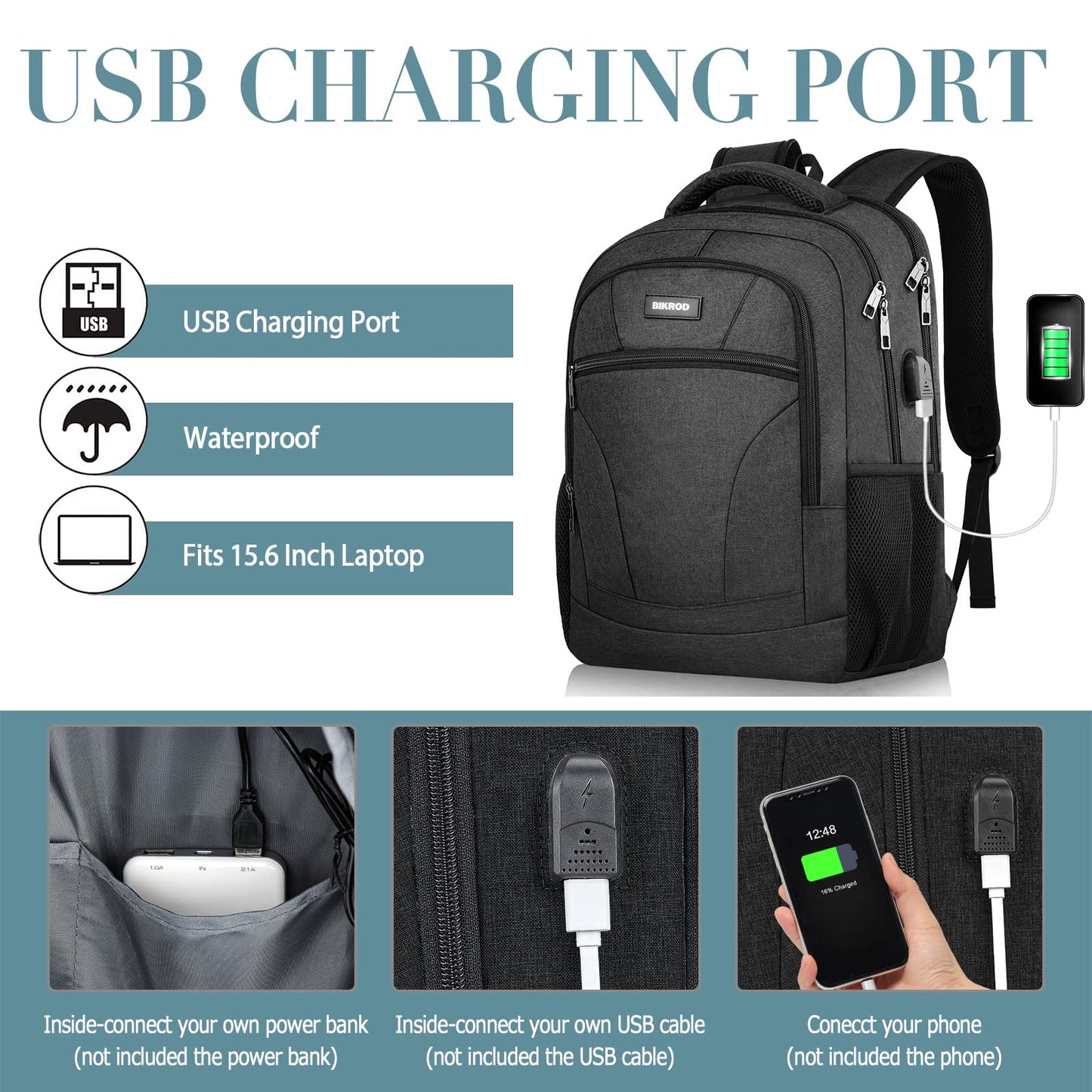 BIKROD backpack for men, school backpack for teenage boys, 15.6 inch laptop work daypack with USB charging port for business, hiking, travel, camping school bag, black