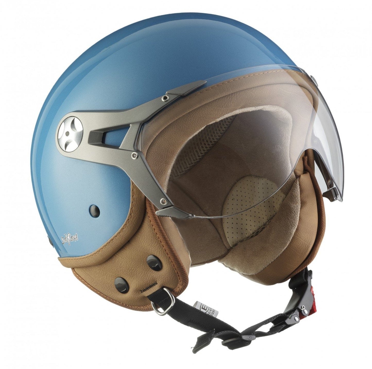 SOXON® SP-325 Mono "Crystal Blue" · Jet helmet · Motorcycle helmet Scooter helmet Moped helmet Chopper Retro Vespa Vintage Pilot Biker · ECE 22.05 visor Quick release bag S (55-56cm)