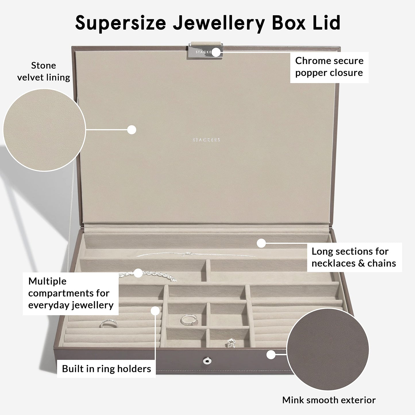 Jewellery box with lid, oversize, by Stackers, mink, 36 x 25 x 4.5 CM