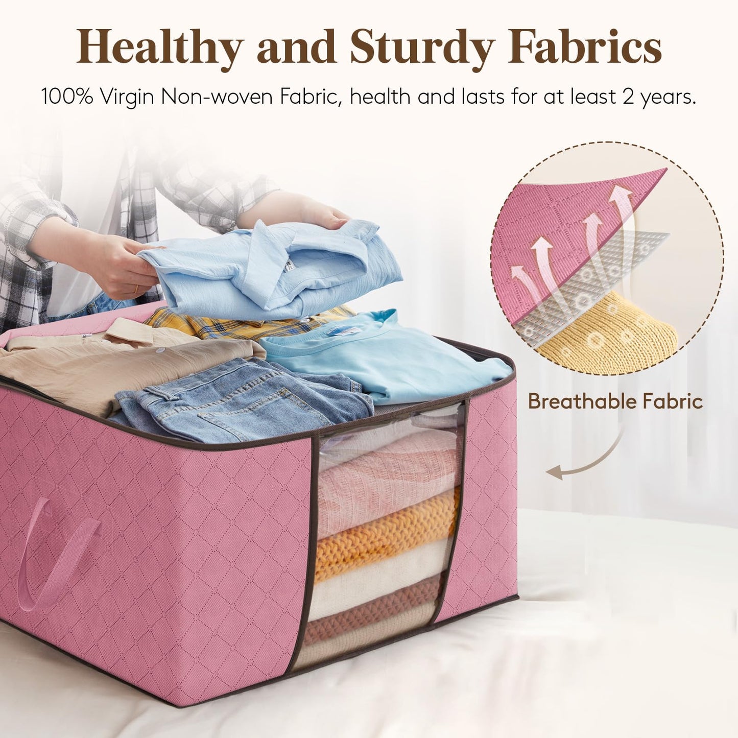 Lifewit 6-piece 90L Storage Bag, Storage Box with Lid, Large Clothes Storage Moving Boxes, Foldable Storage Boxes for Comforters Blankets Clothes Underbed Closet, Pink