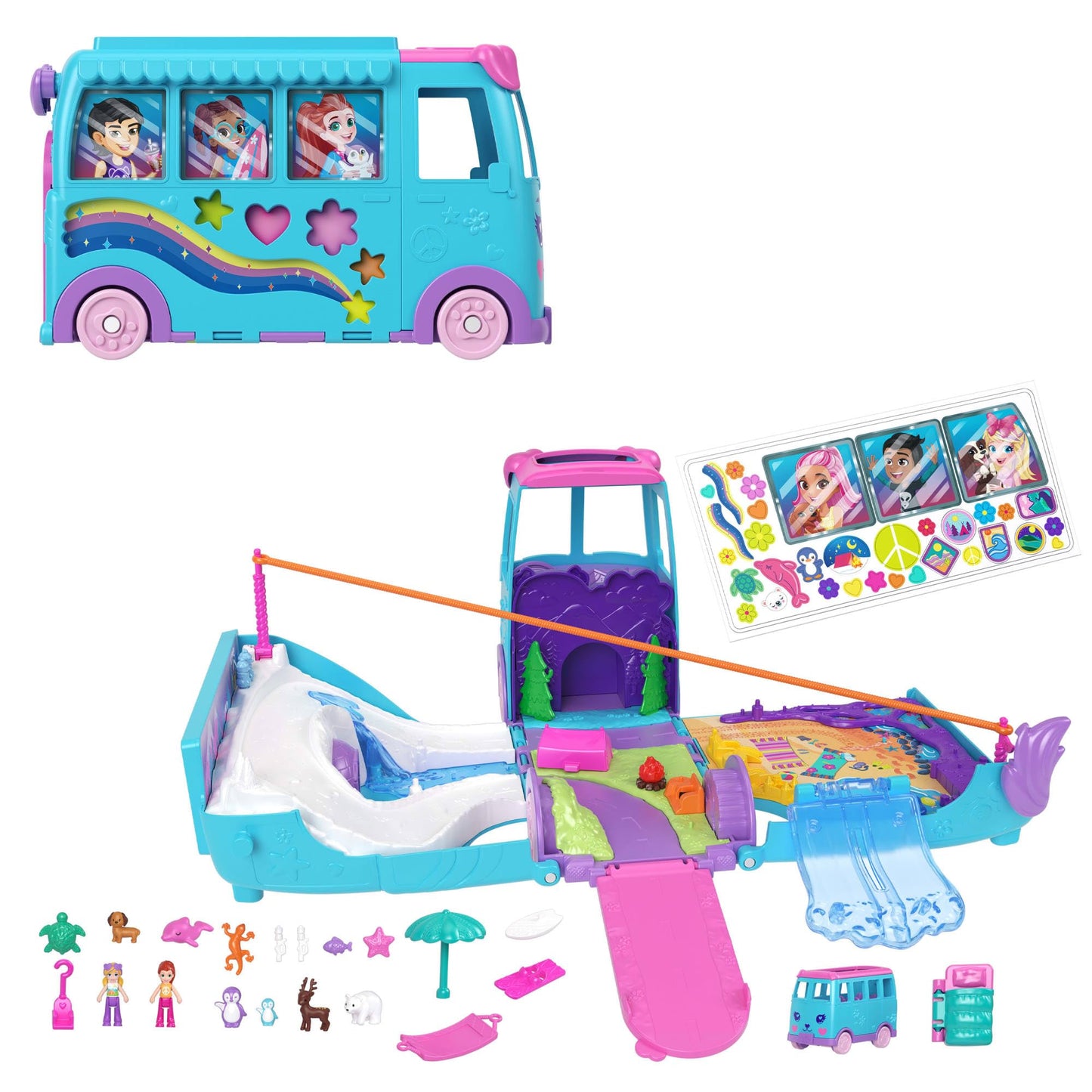 Polly Pocket micro dolls and convertible camper, with accessories like pets and toy car, on-the-go pet adventure playset, JCC22.