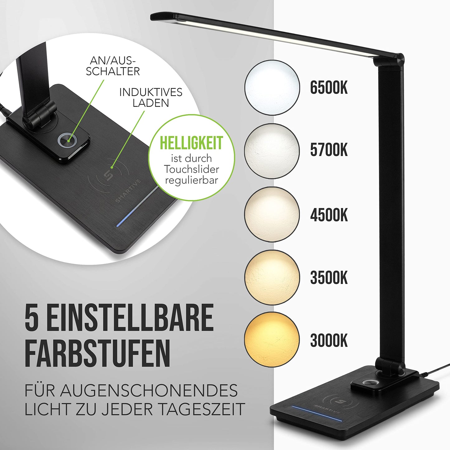 SMARTIVE | Design desk lamp with wireless charging function - LED office lamp with 10W wireless charging - eye-friendly dimmable light and cable-free charging | black desk lamp + USB output