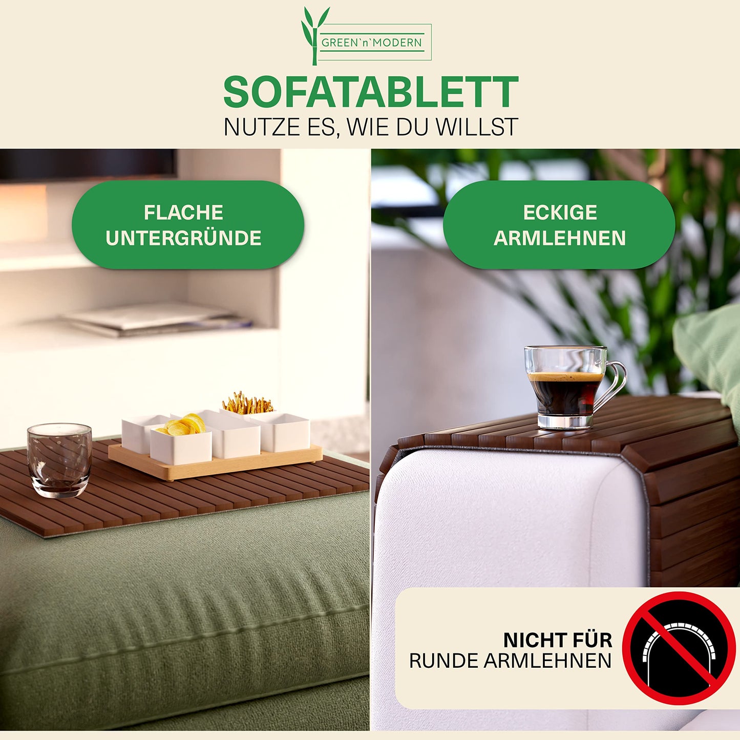 Green'n'Modern sofa tray holder - Bamboo wood drink holder armrest | Couch tray flexible as sofa butler | Shelf | Armrest tray (Brown)