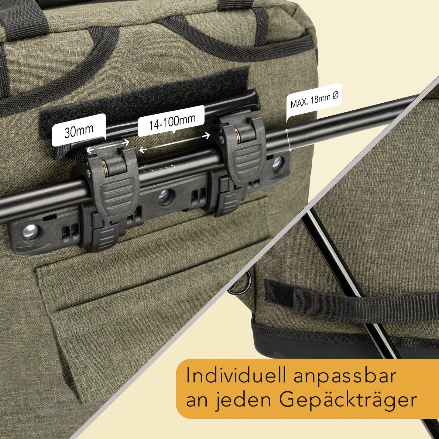 KHALISIA - REISSUE - Bike bag backpack with cooler compartment - Bike accessories - with extra picnic compartment - insulated pannier bag - Khaki - 25 liters