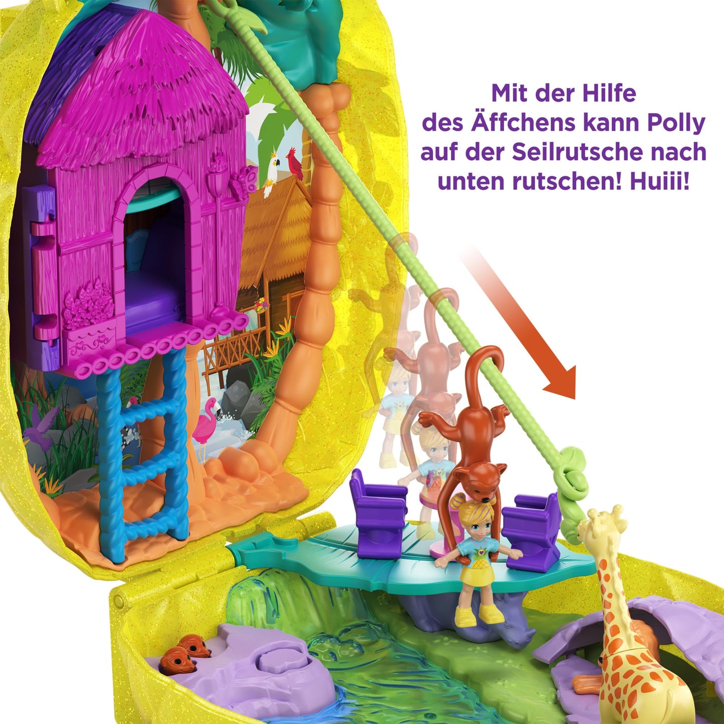 Polly Pocket GKJ64 - Pineapple Pocket Compact, portable, with 8 fun features, small dolls Polly and Lila, 2 accessories, and sticker sheet; Toy for kids 4 years and up.