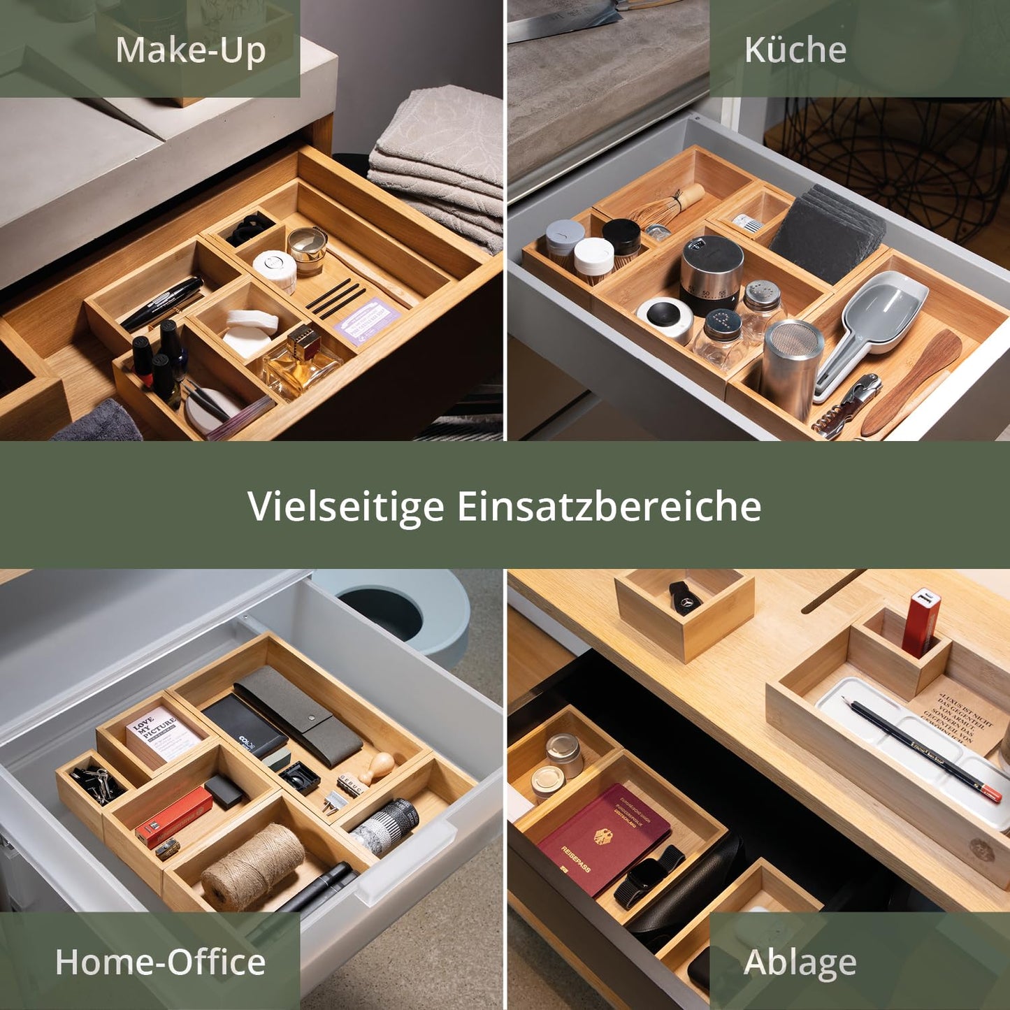 TAKE® 6-piece Bamboo Drawer Organizer Set - Boxes in various sizes for kitchen, bathroom & office, vanity drawer organizer, drawer organizer